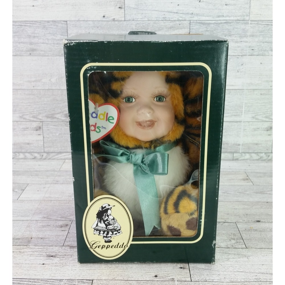 Geppeddo Cuddle Kids Toby Tiger Porcelain Face Plush Doll Collectibles Ages 5 up